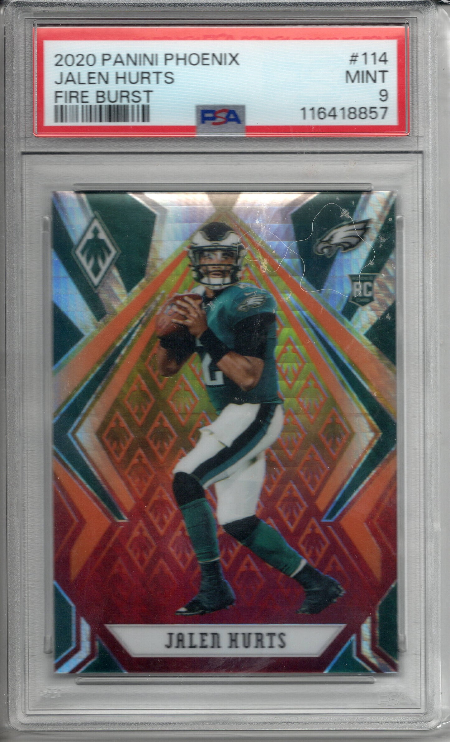 2020 PANINI PHOENIX 114 JALEN HURTS FIRE BURST RC "Super Bowl LIX MVP" PSA 9
