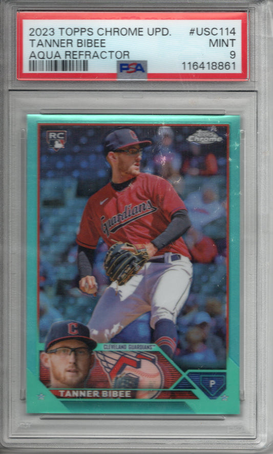 2023 Topps Chrome Updated Aqua Refractor Tanner Bibee #USC114 076/199 Mint PSA 9